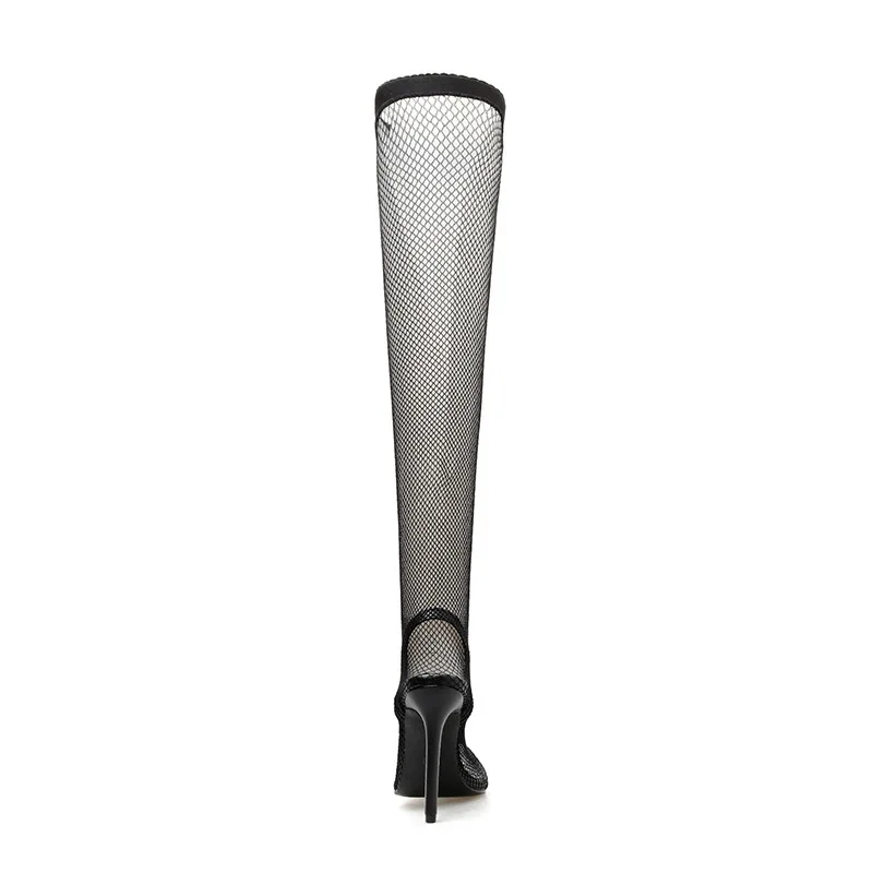 Bellinsley/ г. Весенние прозрачные эластичные носки с сеткой женские ботфорты выше колена на тонком каблуке с острым носком