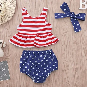 

4th of July Backless 3 Pieces Girls Outfits Set 6M-4Yrs Girls Patriotic Top Bloomer Headband Set