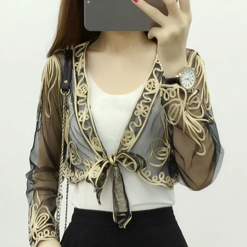 Casual V-neck Long Sleeve Hollow Out Crochet Lace Cardigan Sunscreen Shirt Blusas Summer Women Tops Camisas