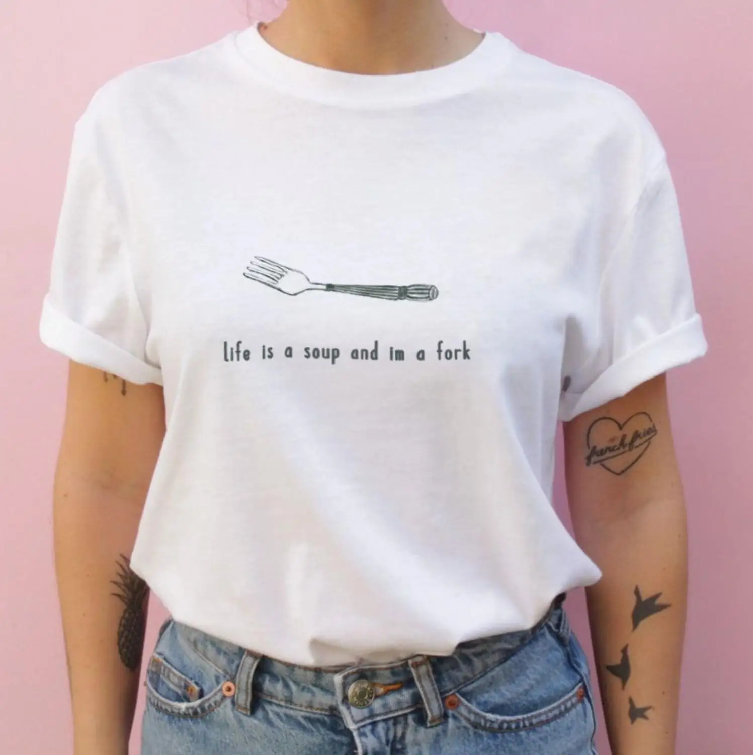 LIFE IS A SOUP I'M A FORK T-Shirt unisex tumblr quote camisetas grunge graphic women vintage cute aesthetic funny tee tshirt top - Цвет: White-black txt