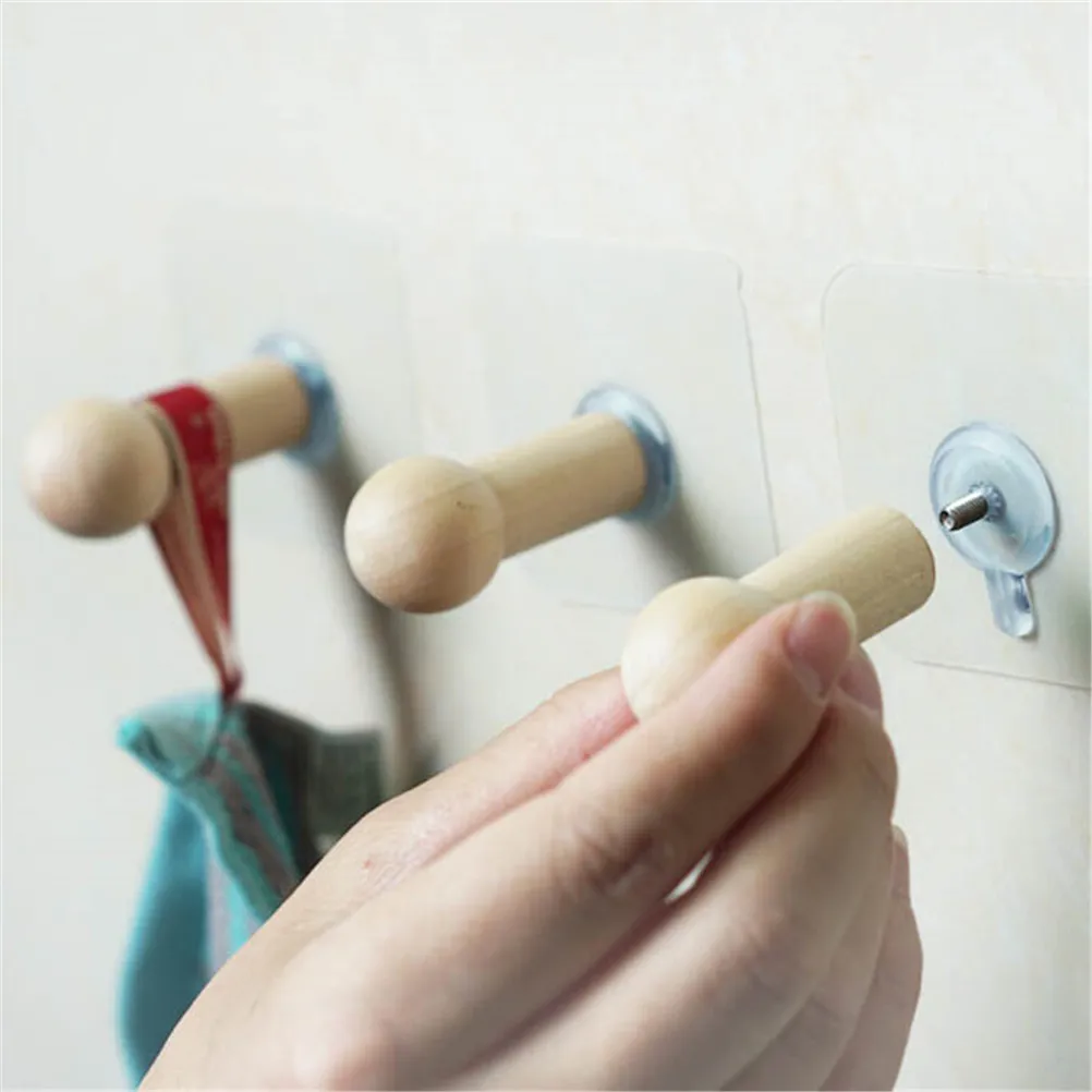Portable Self Adhesive Clothes Hooks No Drills Wooden Wall Mounted