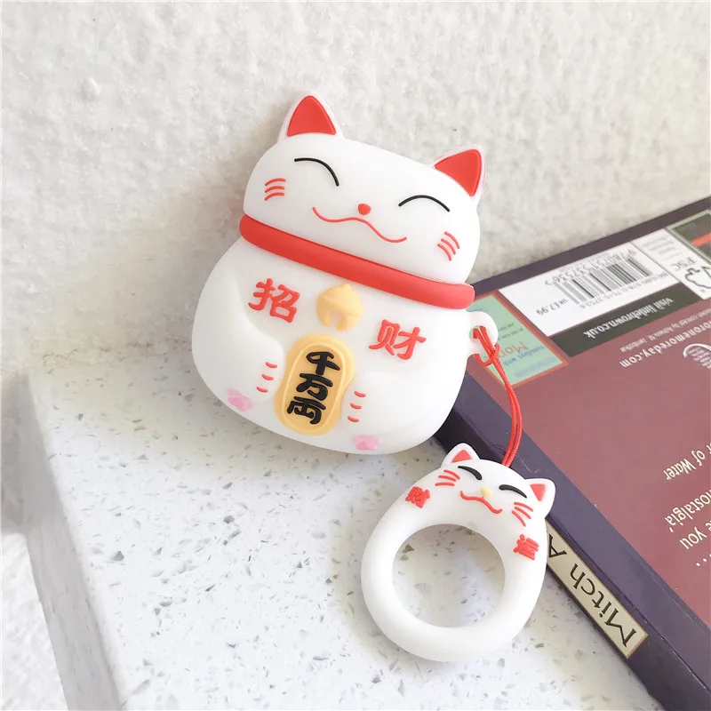 Милый японский стиль Lucky Cat корпусы гарнитурные для Apple Беспроводная bluetooth-гарнитура Airpods 1 2 милый силиконовый защитный чехол - Цвет: white