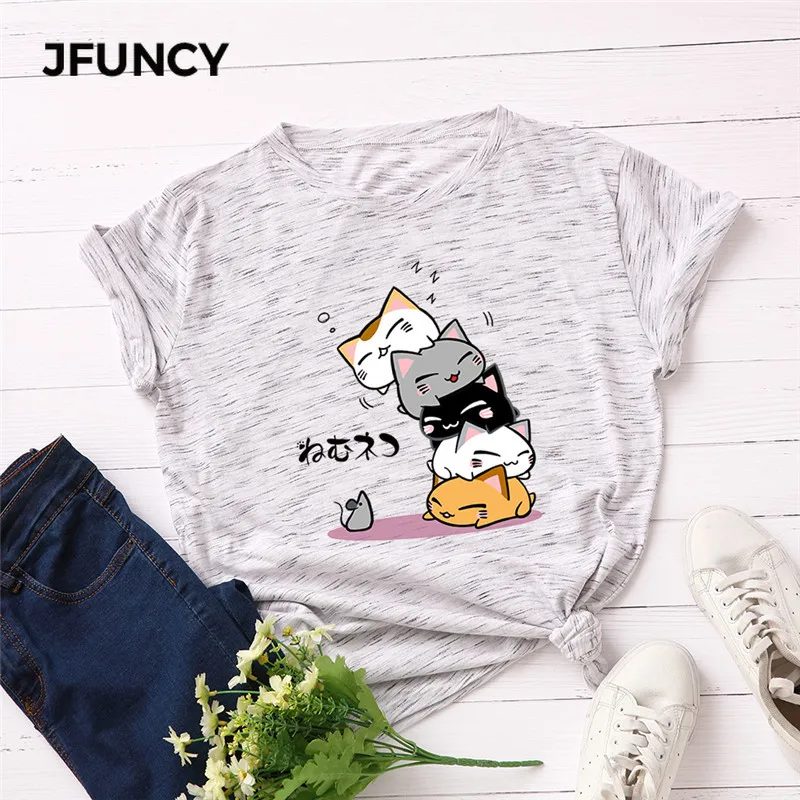 

Plus Size Casual Tshirt S-5XL New Lovely Cat Letter Print T Shirt Women 100% Cotton O Neck Short Sleeve Summer T-Shirt Tops