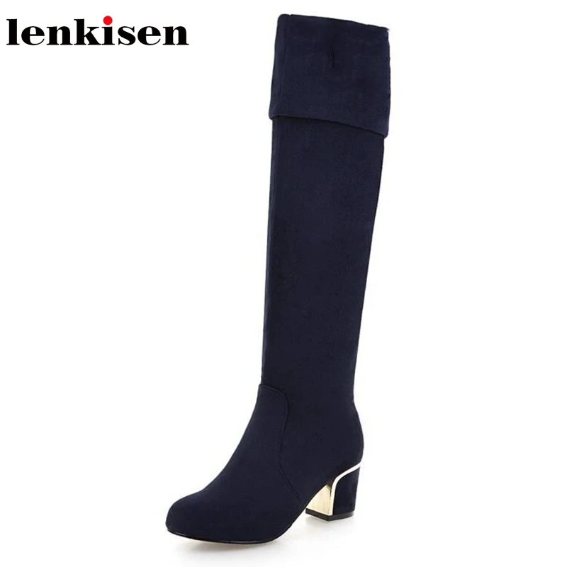

Lenkisen 2018 PU flock slip on high heels thin stretch leisure casual solid color keep warm good looking knee-high boots L6f1