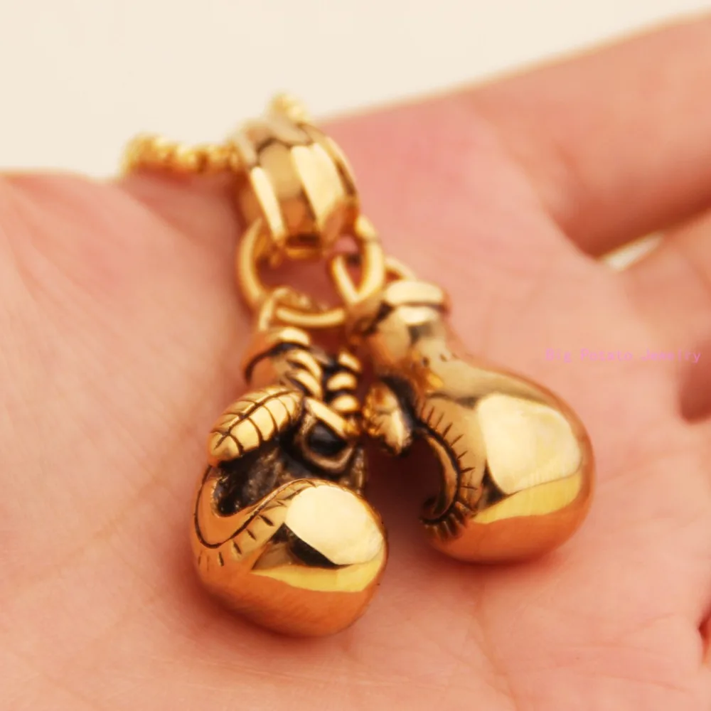 Perfect Gold Tone 2pcs Boxing Glove Pendant Stainless Steel Necklace