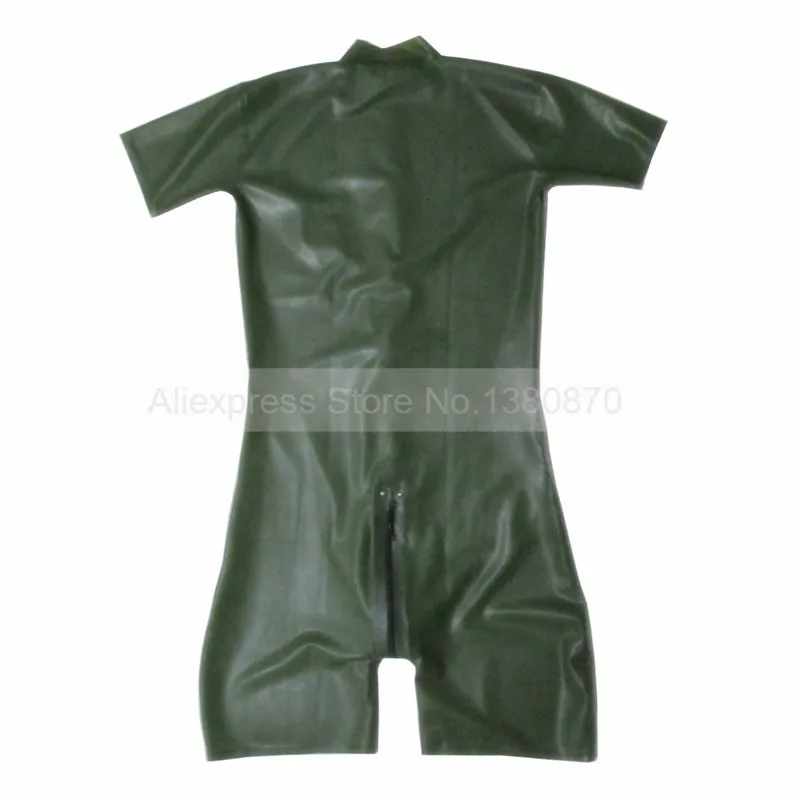 Армейский зеленый Мужчины латекс Catcuit с ниппель молнии резиновые короткие ноги одежда передняя молния индивидуальный заказ S-LCM132