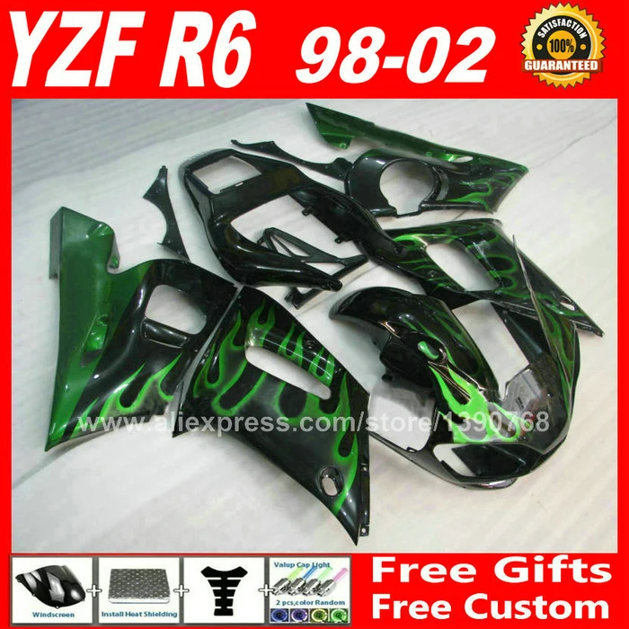 

Green flame fairing for YAMAHA YZF R6 98 99 00 01 02 quality plastic parts  fairings kits 1998 1999 2000 2001 2002 kit