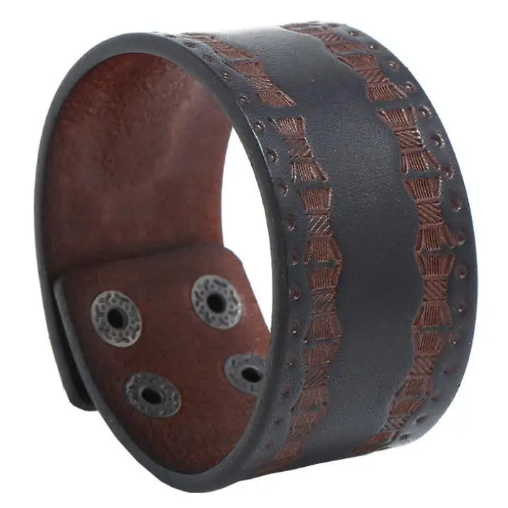 

Vintage Retro Wide Genuine Leather Cuff Buckle Bracelets Punk Casual Charm Bangle Wrap Adjustable Wristbands Men Fashion Jewelry