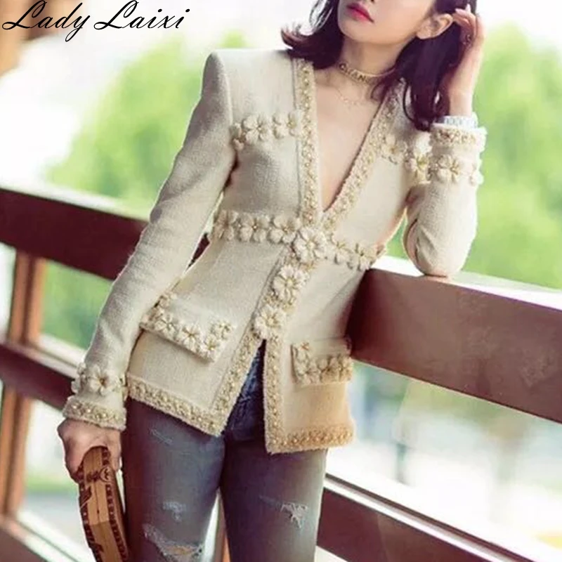 

2019 Autumn Winter Runway Women Deep V Neck luxury 3D Flower Beading Tweed Jacket slim coat Elegant ladies outerwear