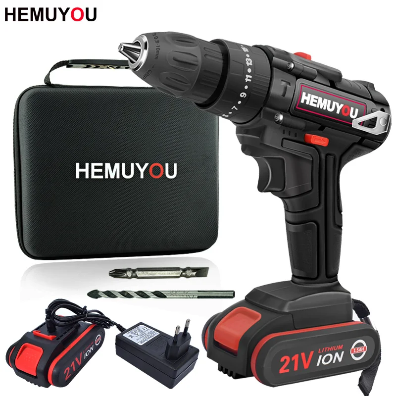

21V 3 function screwdriver cordless drill electric screwdriver impact function 1.5Ah lithium battery 2 battery + accessories