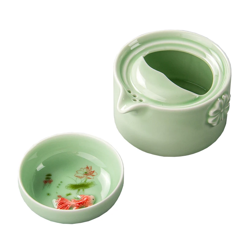 

New Design Green Ceramic 3d Carp Gaiwan Tea Set Celadon Elegant Kung Fu Teaset Include 1 Pot 1 Cup,beautiful Easy Teapot Kettle