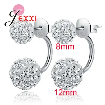 

11 Colors 925 Sterling Silver Shinning Crystal CZ Disco Beads Double Ball 12MM&8MM Stud Earrings Women Brincos Jewelry