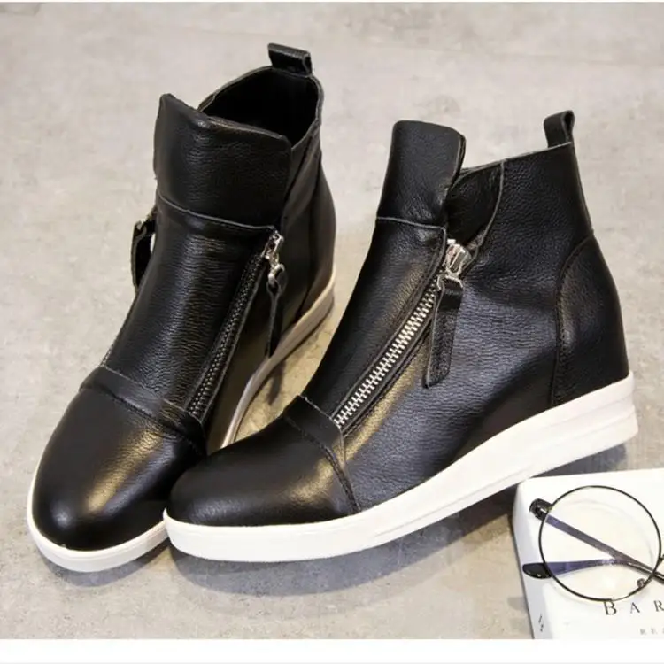 

Luxury Black White Leather Ankle Boots For Women Round Toe Middle Increasing Wedges Heel Shoes Woman HIgh Top Two Zipper Zapatos