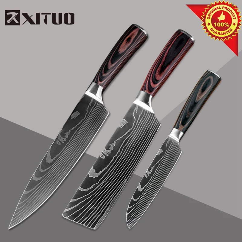 XITUO бритвы острые кухонные ножи для очистки овощей утилита Santoku нарезки шеф-повара Дамасские вены Paka деревянной ручкой из нержавеющей стали поварской нож - Цвет: 3pcs-1