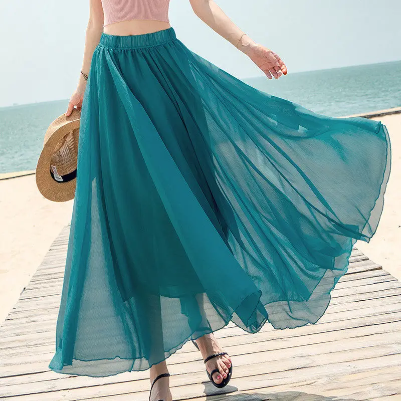 Длинная пляжная юбка для лета, Бохо юбка, 15 однотонных цветов, Cgiffon, макси юбки, Saia Longa Faldas, черная, серая, зеленая, синяя, красная женская юбка