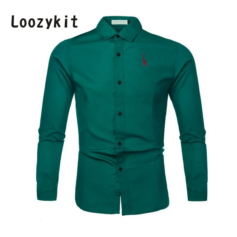 

LOOZYKIT Men's Casual Solid Dress Shirts Long Sleeve Slim Fit Formal Business Shirt Men's Streetwear shirt Fawn embroidery Tops