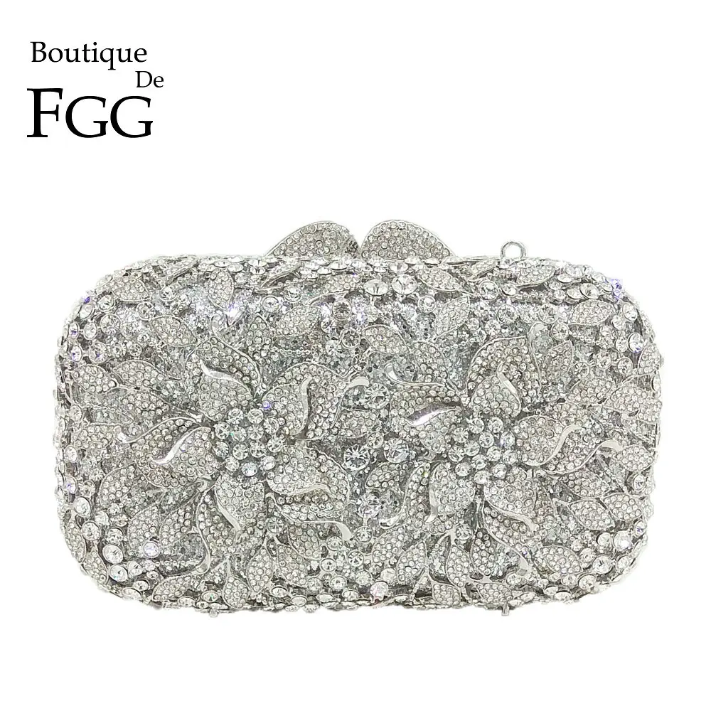 بوتيك دي FGG الإبهار الفضة زهرة النساء ماسك من الكريستال أكياس مساء الجوف خارج الزفاف حزب حقيبة يد و محفظة