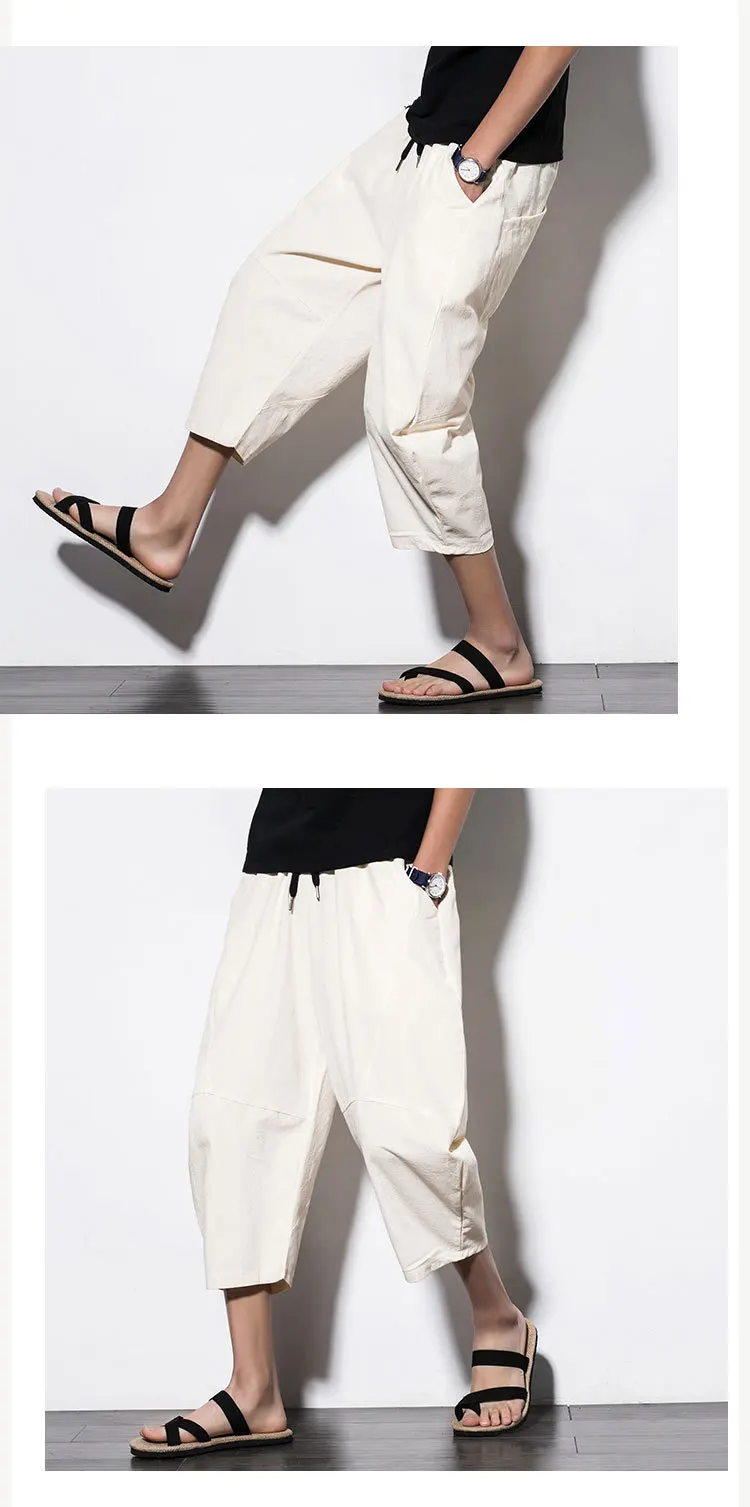 Летние мужские повседневные льняные свободные штаны в японском стиле Hipster Винтаж Гарем cross Короткие штаны Drawstring хлопковые брюки 5XL