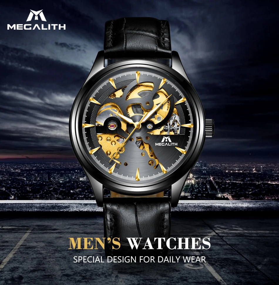 MEGALITH модные часы с кожаным ремешком и скелетом автоматические мужские часы водонепроницаемые эксклюзивные механические часы для мужчин Horloges Mannen