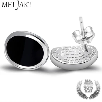 

MetJakt Natural Black Agate Stud Earrings Solid 925 Sterling Silver Earring for Women Office Career Occasion Jewelry