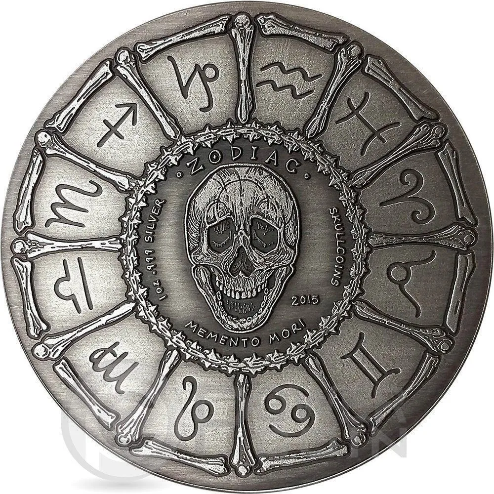 ARIES Memento Mori Zodiac Skull Horoscope Silver Coin (1)