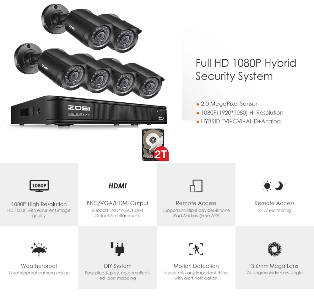 ZOSI 8CH 1080P HD-TVI DVR чехол 6 шт HD ночного видения наружная камера безопасности 2MP Bullet камера видео DVR комплект система видеонаблюдения