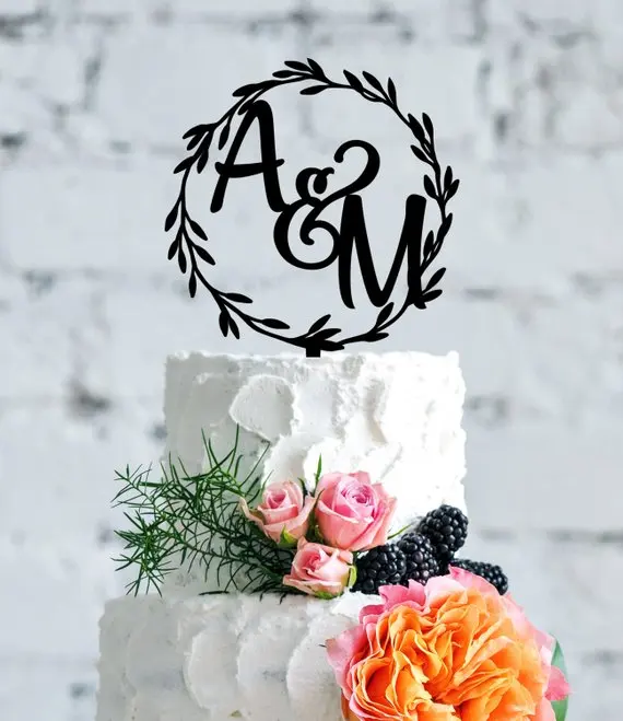 Деревенский Laurel торт Топпер, персонализированные инициалы торт Топпер, элегантный пользовательский торт Топпер