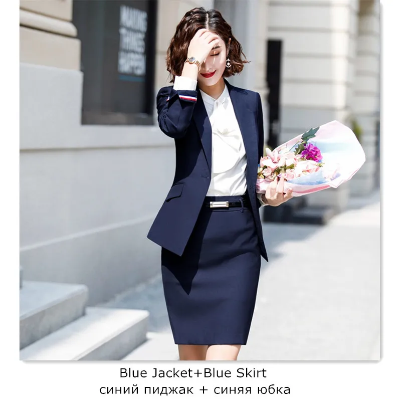 Женская юбка, костюм с карманами, Элегантный Приталенный Блейзер в полоску+ юбка, комплект из 2 предметов, деловой костюм с юбкой, офисная одежда, ow0520 - Цвет: blue skirt suit