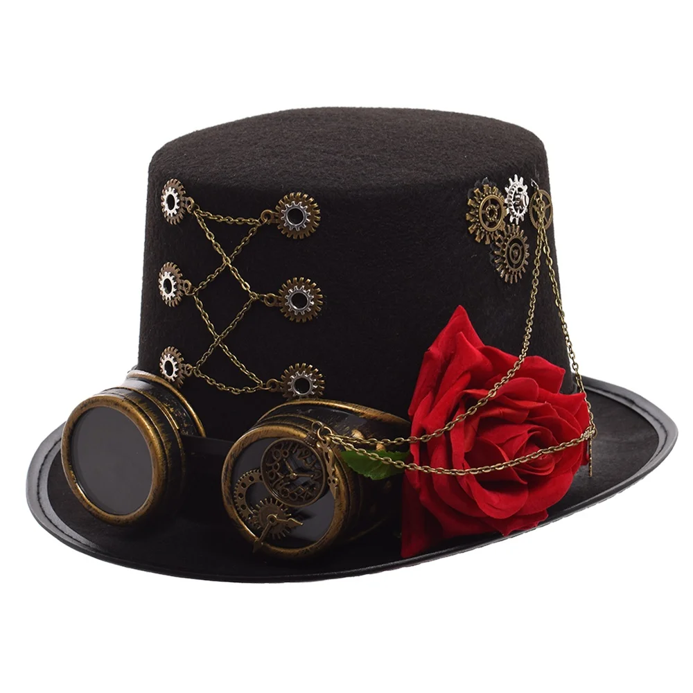 Vintage Steampunk Gear With Gothic Glasses Top Hat Punk Unisex Party Black Hat