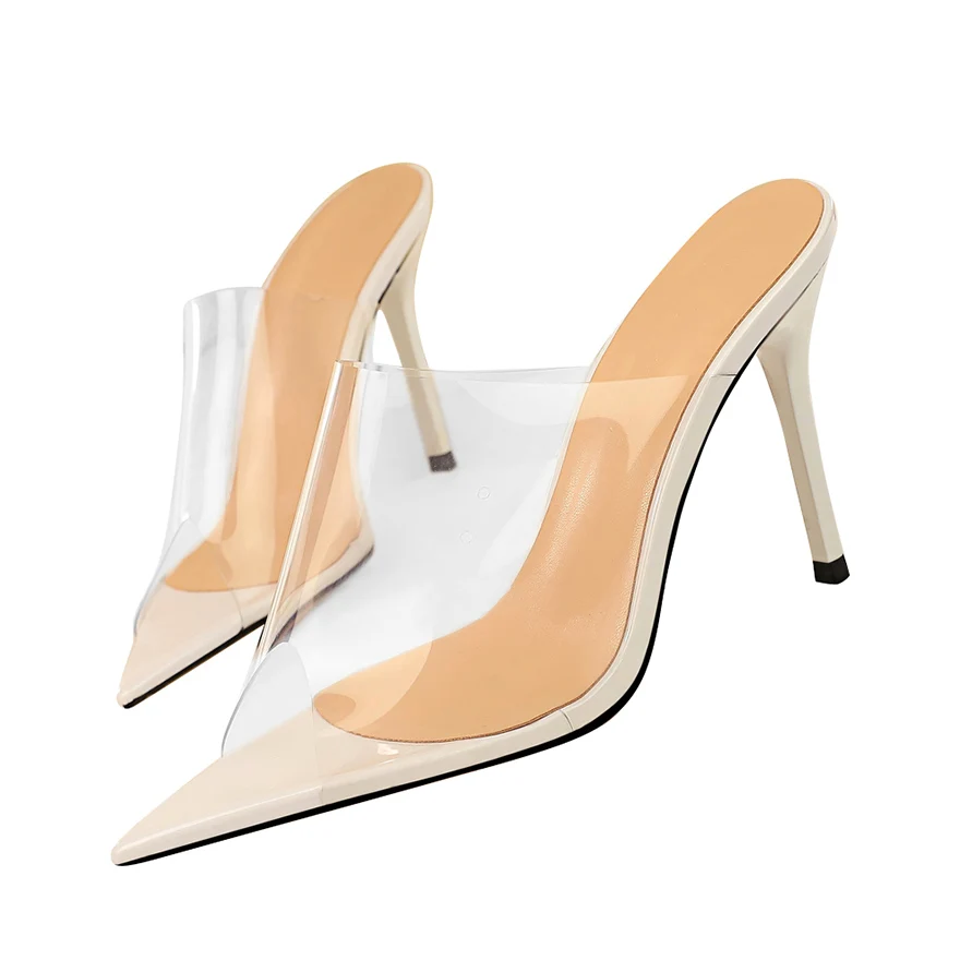 

2019 Women 9.5cm High Heels Jelly Slides Female Sexy Summer Mules Silver Slippers Lady Stiletto White Sandals Transparent Shoes