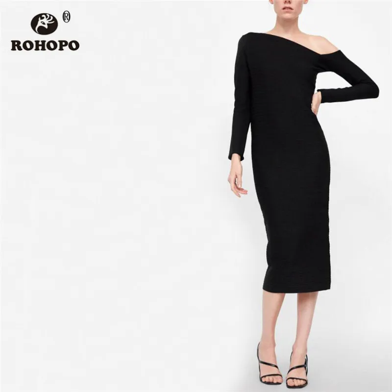 

ROHOPO One Shouder Autumn Long Sleeve Midi Dress Solid Black Knitted Elastic Slim Body Straight Casual Vestido #UK8647