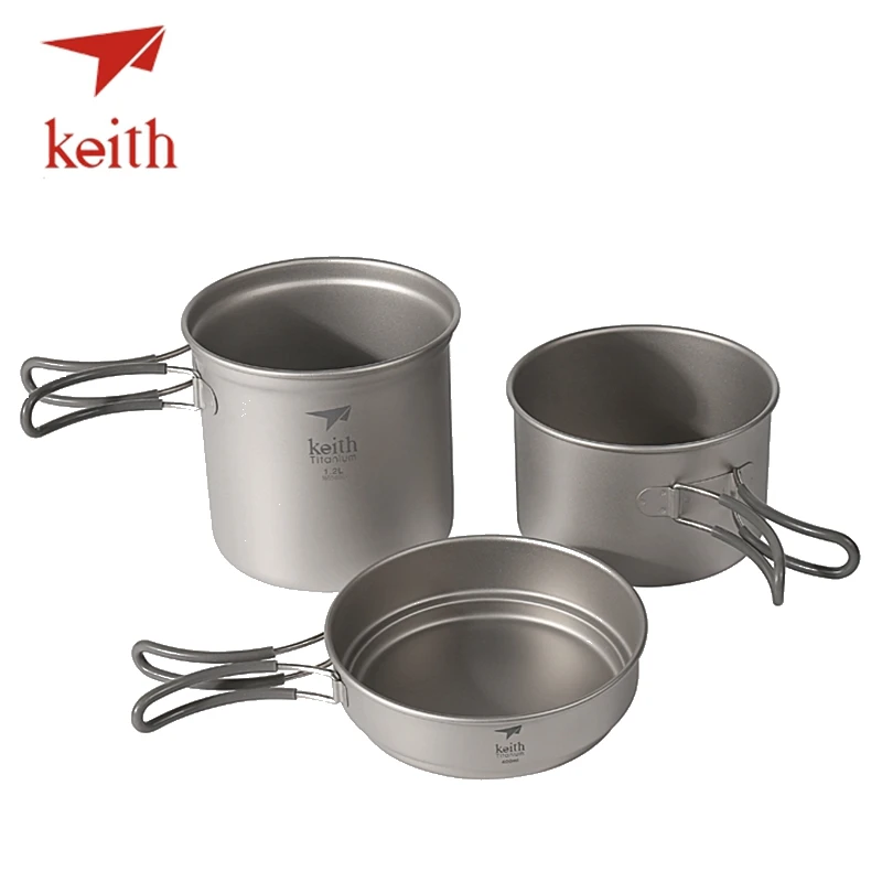 Keith titanio set viaje al aire libre Vajilla camping senderismo Utensilios picnic Utensilios de Cocina 3 unids caldero y medio olla y sartén pan