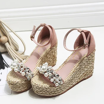 

Summer New Bandage Pearl Handmade Rhinestone Wedge Heels Platform Thick-bottomed Toe High-heeled Sandals