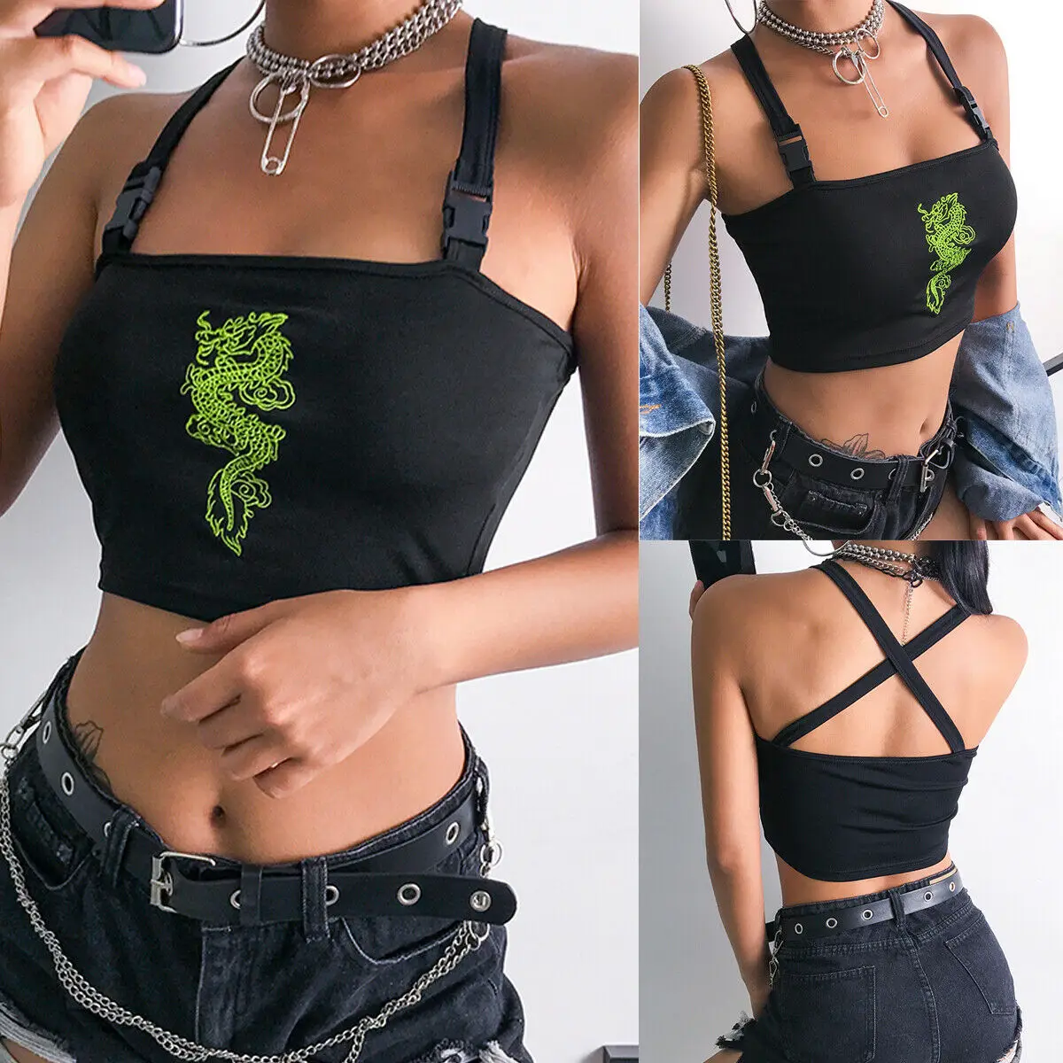 

Fashion Women Sexy Hot Summer New Design Buckle Vest Boob Tube Crop Top Bralet Sheer Dragon Embroidery Stylish Cami Tank Top