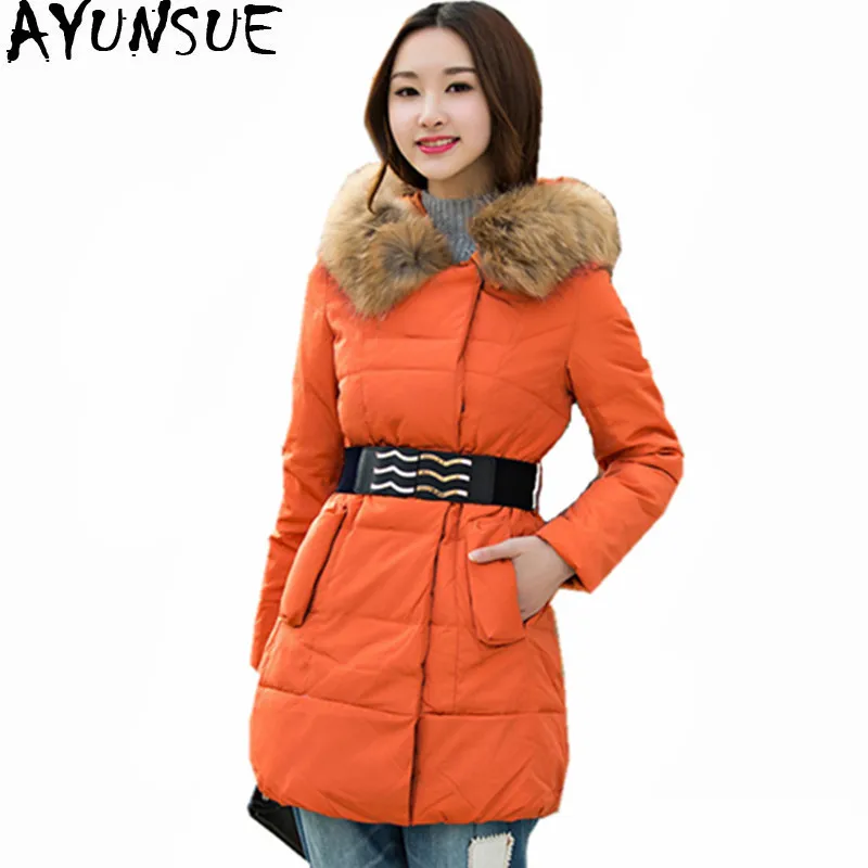 

AYUNSUE Women's Fur Collar White Duck Down Jacket Warm Winter Coat Hooded Women Parka Slim Ladies Coats Casaco De Inverno WXF390