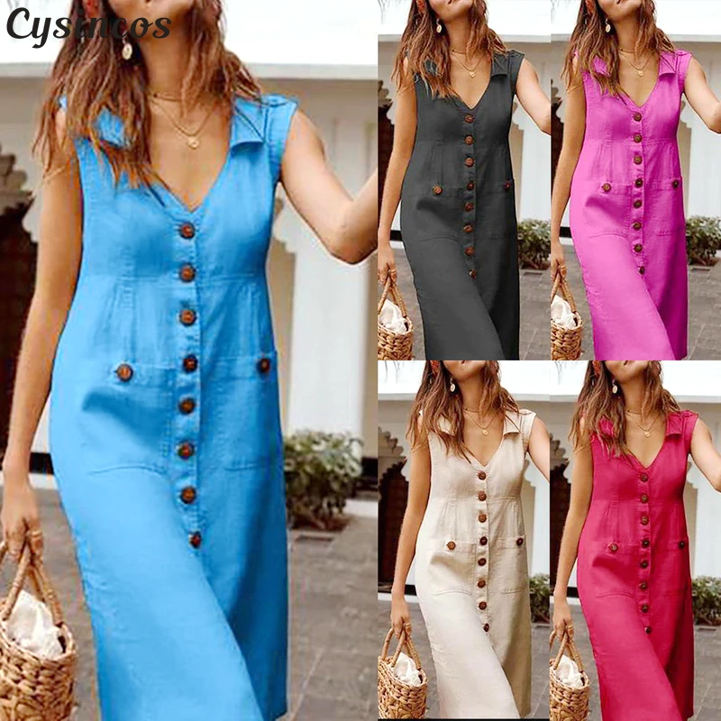 

Cysincos 2019 Women Summer Dress Boho Sexy Solid color Chiffon Beach Dress Tunic Sundress Loose Midi Party Dress Plus Size S-5XL