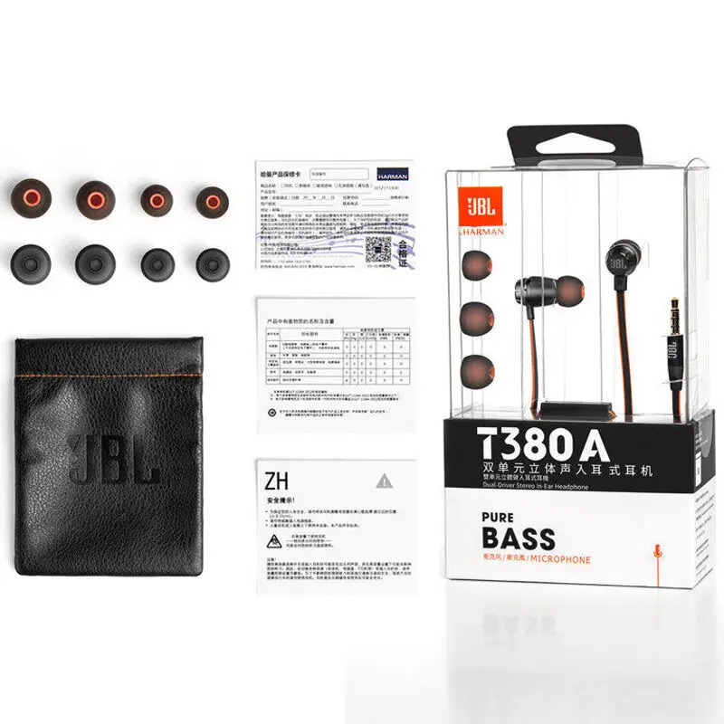 JBL T380A двойные динамические наушники-вкладыши 105dB HIFI наушники с микрофоном 3,5 аудио разъем бег спортивный наушник для смартфона