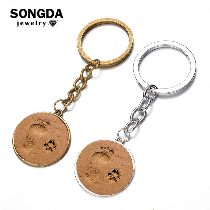 

SONGDA Human Footprint and Pet Paw Badge Keychain Cute Dog Cat Human Friends Statement Key Ring Porte Clef Pet Memorial Jewelry