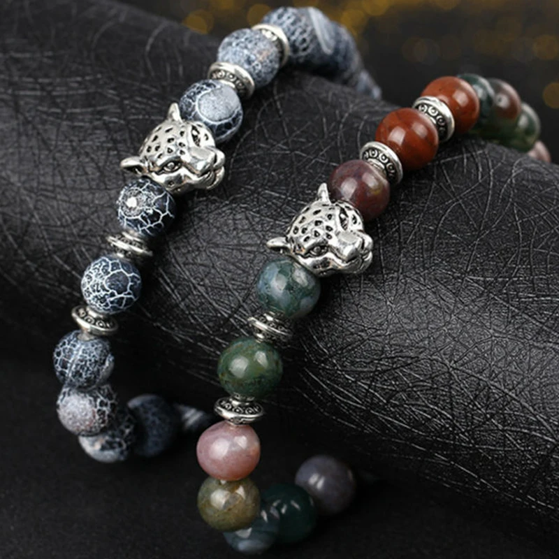 

Men Leopard Bracelet & Bangles with Lava Natural Stone Beaded Bracelets Wristband Pulseras Hombre