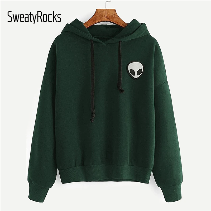  SweatyRocks Solid Casual Drop Shoulder Alien Print Hoodie Long Sleeve Pullovers 2018 Autumn Winter 