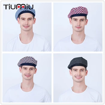 

5 Colors High Quality Wholesale Stripe Chef Waiter Hats Adults Restaurant Hotel Bakery Canteen Chef Cooking Workwear Forward Cap