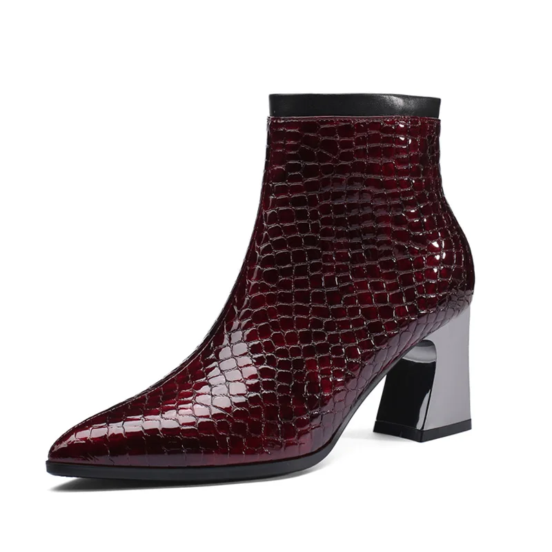 ISNOM Winter Women Ankle Boots Pointed Toe Printing Footwear High Heeled Lady Shoes Zip Women Shoes Black Plus Size 34-42 - Цвет: Бордовый