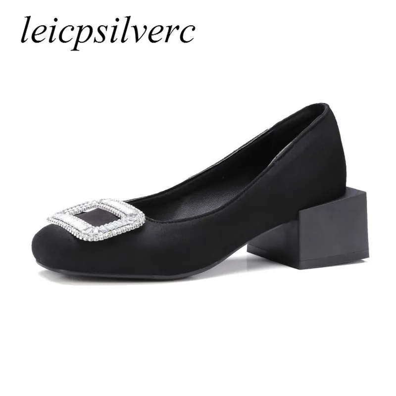 

Women Pumps Med Heels Shoes Slip on Flock Crystal Square Toe Spring Autumn 2019 Sexy New Fashion Casual Black Red Big Size 34-48
