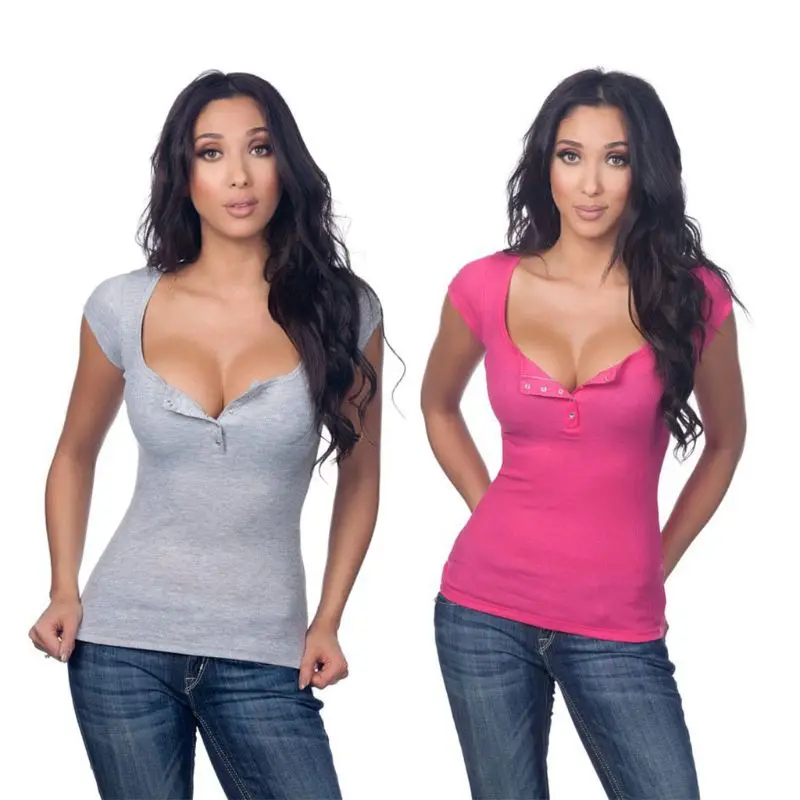 

Women Ladies Sexy Bodycon Short Sleeve Button Casual Solid Tee T-Shirt Tops T Shirt Top Blouse
