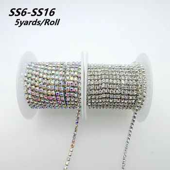 

5yards/roll Clear AB glitter crystal glass SS6-SS16(2mm-4mm)Silver Base Cup rhinestone Chain garment sewing trim diy accessories