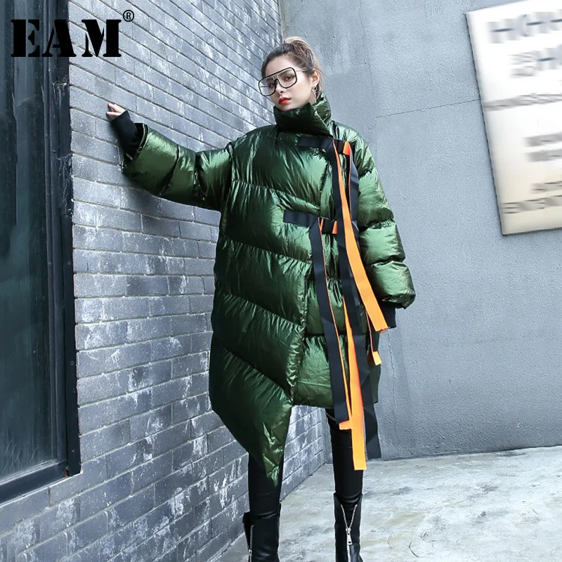 [EAM] 2019 New Spring Stad Collar Long Sleeve Cotton-padded Large Size Ribbon Stitch Irregular Hem Coat Women Parkas JI2