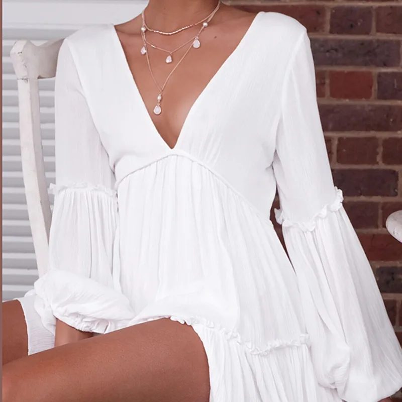 Ordifree летнее женское свободное короткое платье с длинным рукавом сексуальные с открытой спиной белые туники пляжное платье