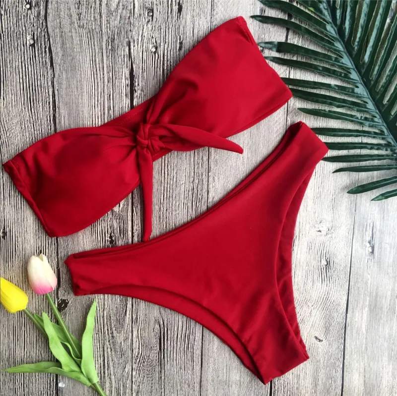 

Women Brazilian Solid Knoted Bandeau Bikini Set Swimwear Swimming Suit High Waist Push Up Swimsuit Femme Saida De Praia Biquinis