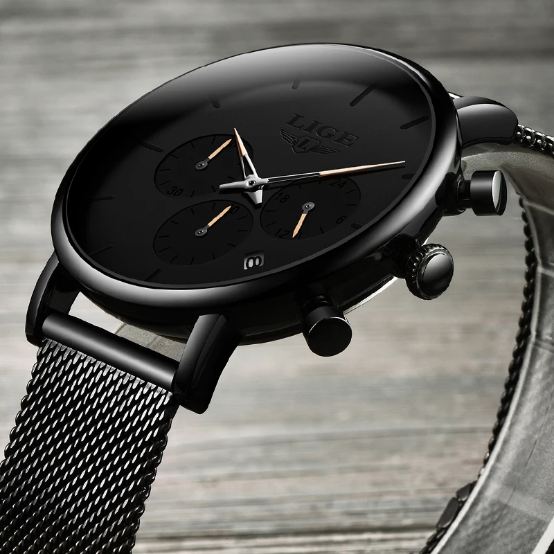 LIGE Fashion Mens Watches Top Brand Luxury Quartz Watch Men Stainless Steel Waterproof Sport Chronograph Clock Relogio Masculino