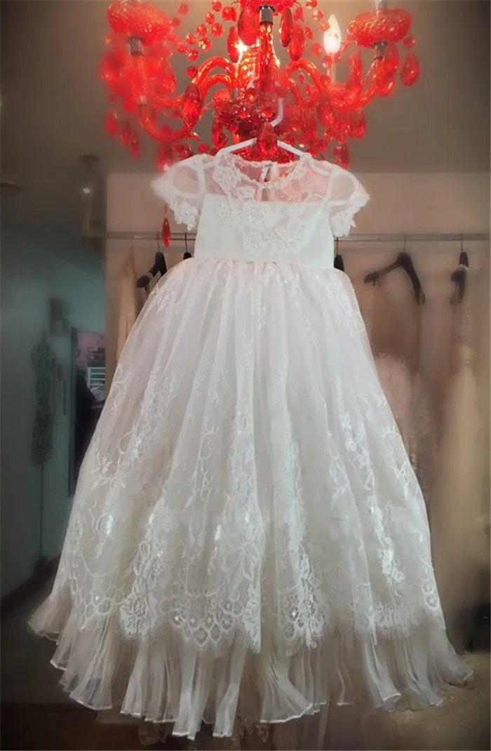 

White Ivory Lace Soft Tulle Baby Girls Christening Dress Infant Baptism Gown Communion Birthday Dress with Hat Any Sash